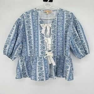 La Maregold Brigitte Blouse M/L Blue Floral Bow Front Fairycore Boho Cottagecore
